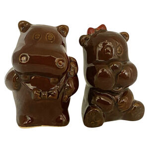 Vtg 1970s Hippo Salt & Pepper Shaker Set Ceramic Figural Hippopotamus MCM Kitsch